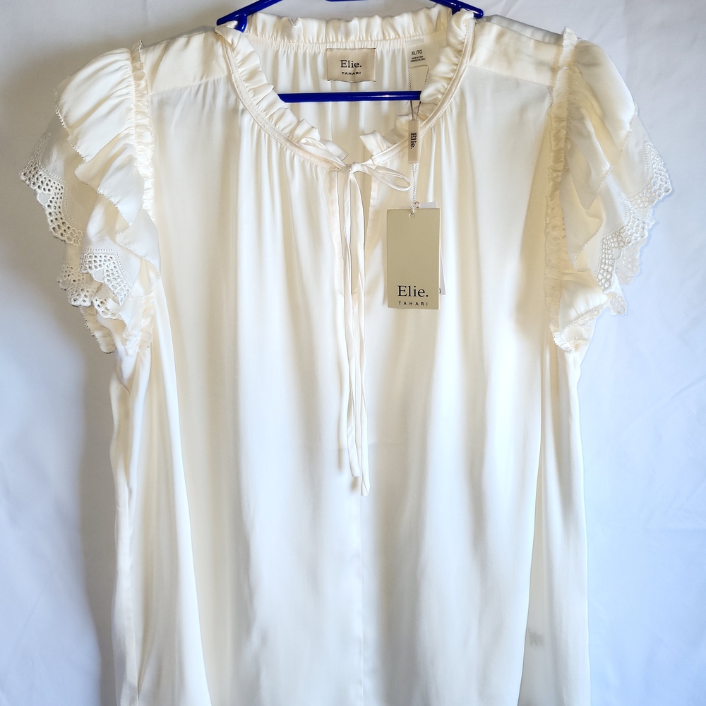 Elie Tahari Women's Cream Ruffle Sleeve Tie-Neck Top - Picture 2 of 7